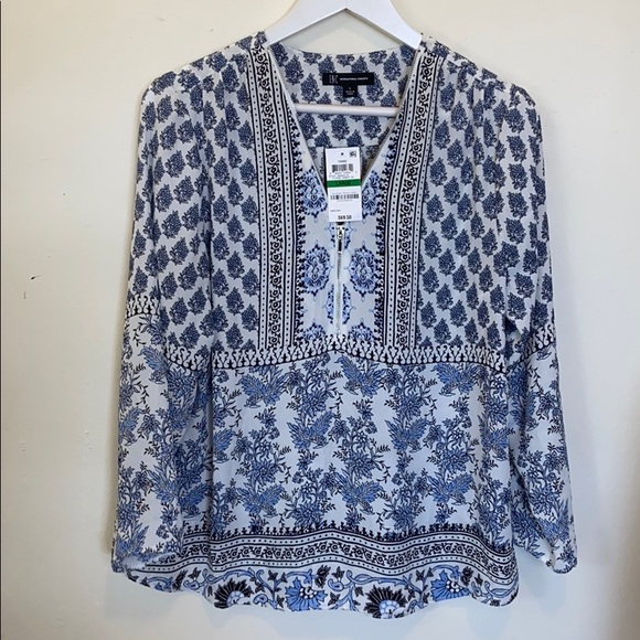 INC 3/4 Sleeve Floral Dandy Zip Neck Blouse MED - Picture 6 of 12